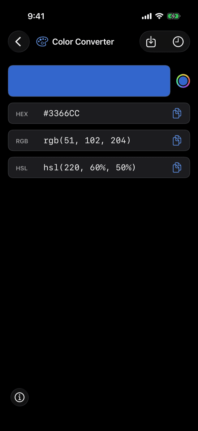 DevGantry on iPhone showing the Color Converter with HEX, RGB, and HSL values for the same color