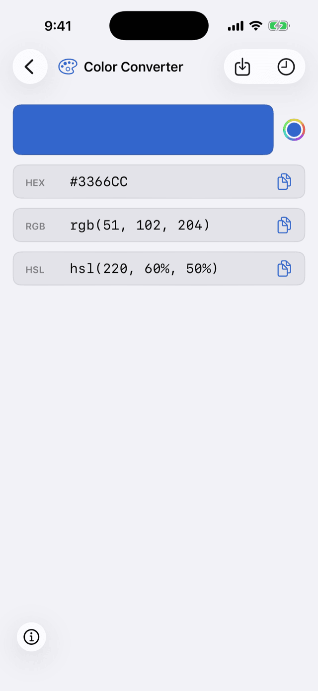 DevGantry on iPhone showing the Color Converter with HEX, RGB, and HSL values for the same color