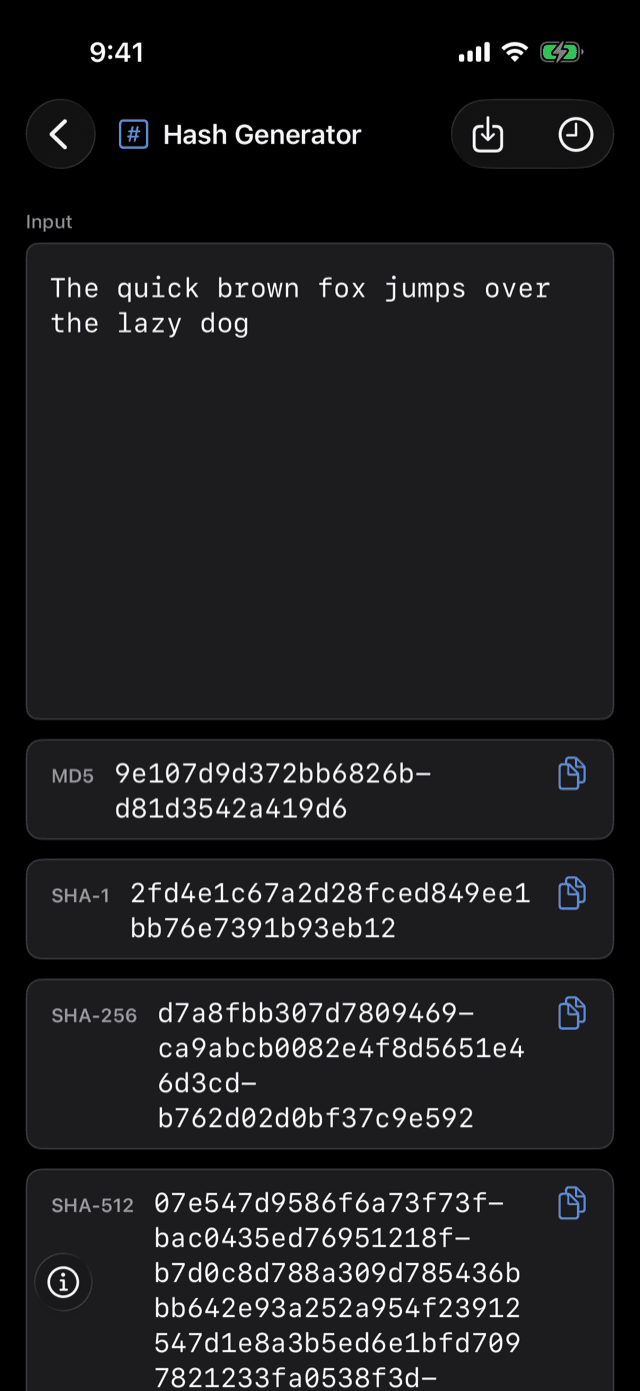 DevGantry on iPhone generating MD5, SHA-1, SHA-256, and SHA-512 digests of the same input