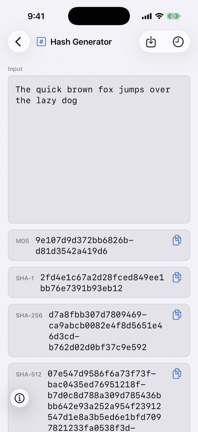 DevGantry on iPhone generating MD5, SHA-1, SHA-256, and SHA-512 digests of the same input