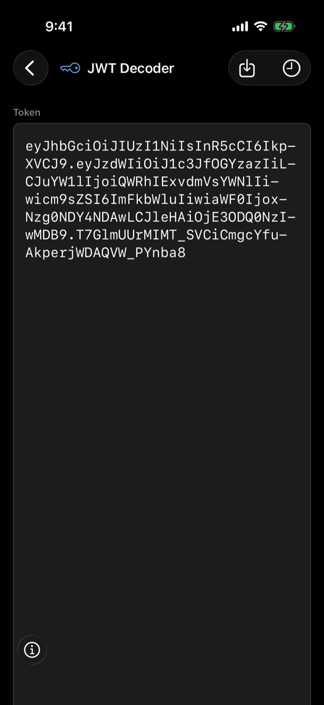 DevGantry on iPhone decoding a JWT into its header and payload
