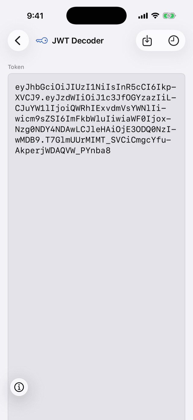 DevGantry on iPhone decoding a JWT into its header and payload