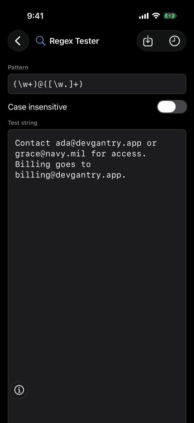 DevGantry on iPhone testing a regular expression with live match results and capture groups