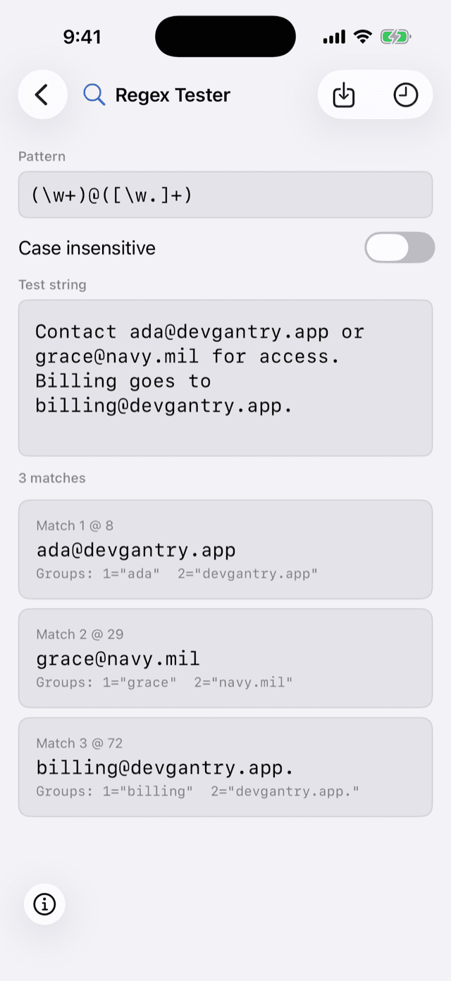 DevGantry on iPhone testing a regular expression with live match results and capture groups