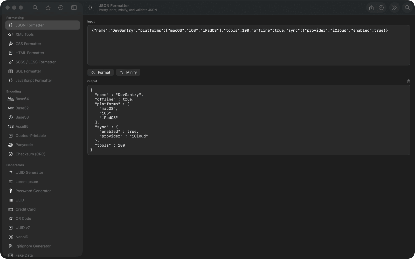 DevGantry on macOS showing the JSON Formatter with a pretty-printed document beside the full tool sidebar
