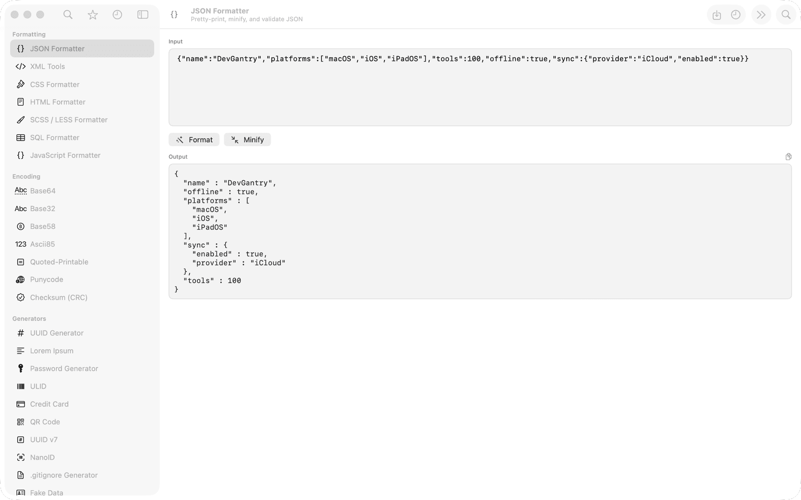 DevGantry on macOS showing the JSON Formatter with a pretty-printed document beside the full tool sidebar